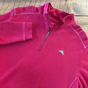 Tommy Bahama Mens Red 1/4 Zip Long Sleeve Cotton Sweatshirt Pullover Size Large